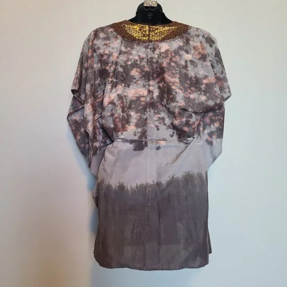 BLUE Saks Fifth Avenue Kaftan Syle Tunic Blouse Small Beaded V Neck  Tie Waist - Picture 3 of 6